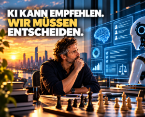 Führungskraft vor einer schwierigen Entscheidung zwischen KI-Empfehlung und menschlicher Verantwortung.